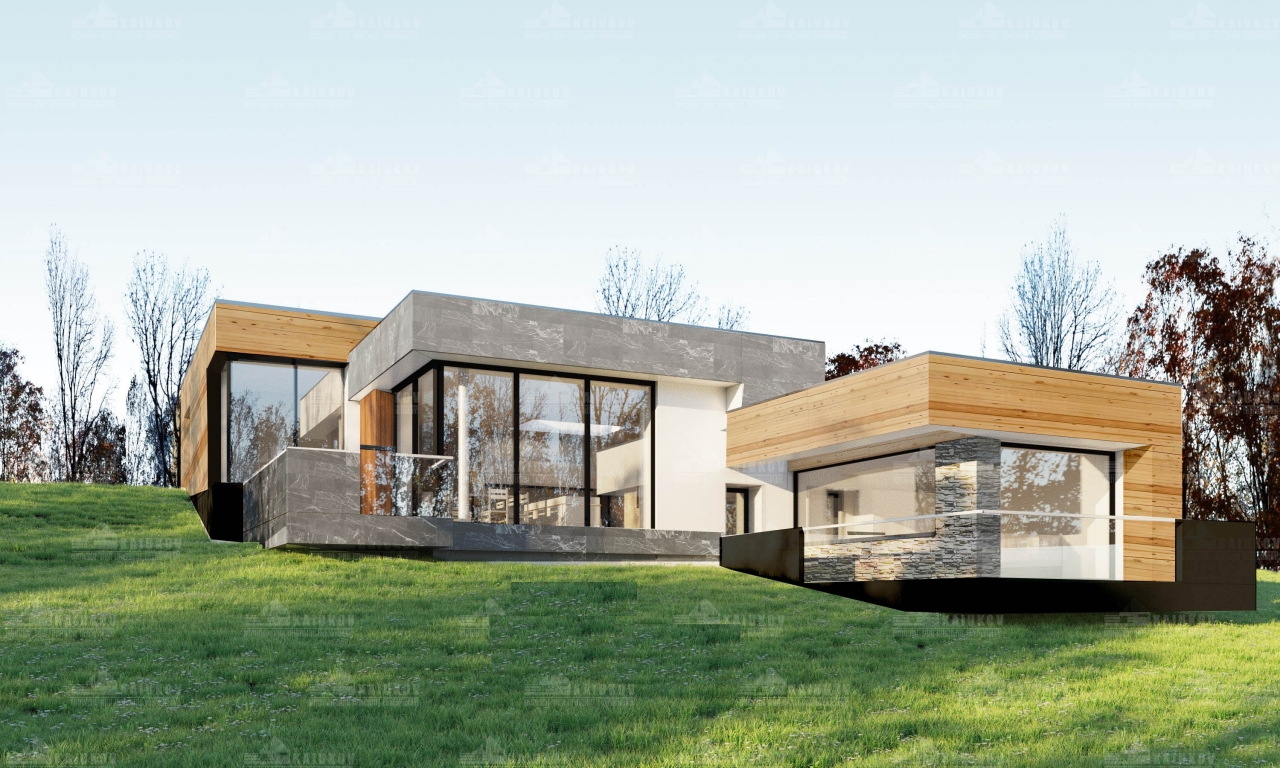 Проект дома хай-тек в 1 этаж с крутым рельефом, террасой, плоской кровлей AND3